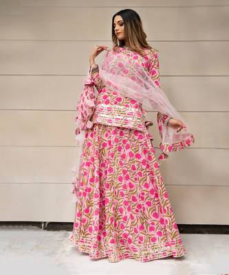 Pink and Green Kurta Skirt Set for Women 1