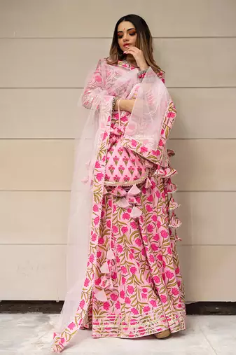 Pink and Green Kurta Skirt Set for Women