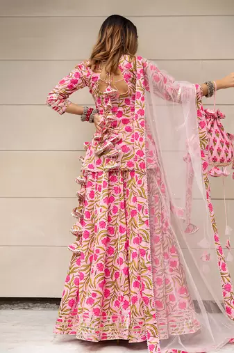Pink and Green Kurta Skirt Set for Women