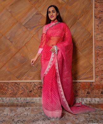Pink Leheriya Organza Saree 1