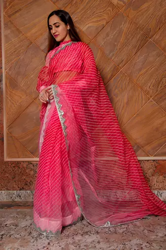 Pink Leheriya Organza Saree