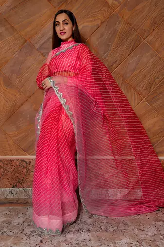 Pink Leheriya Organza Saree