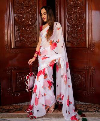 Red Phool Organza Saree 1