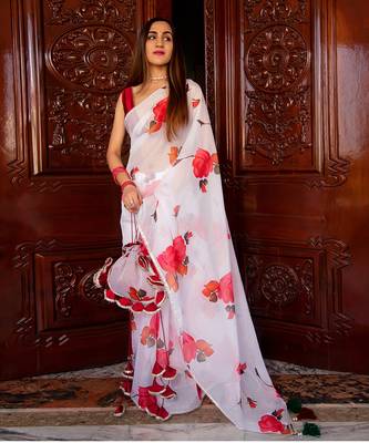 Red Phool Organza Saree 2