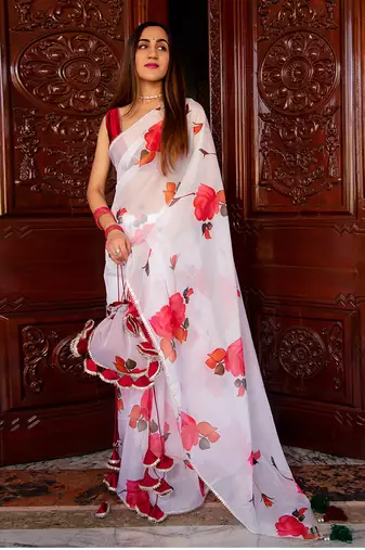 Red Phool Organza Saree