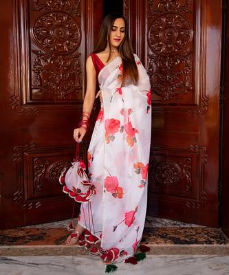 Red Phool Organza Saree 4