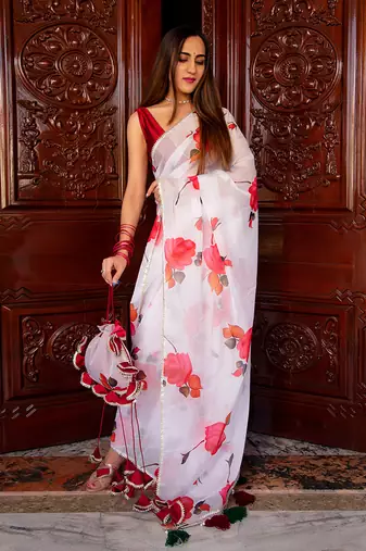 Red Phool Organza Saree