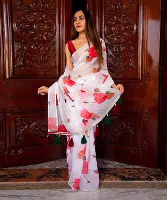 Red Phool Organza Saree 7