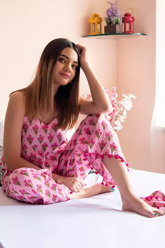Pink Gulbhar Printed Night Set