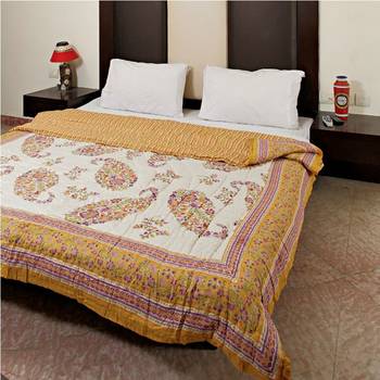 Keri Design Jaipuri Cotton Razai In White Sunglow Gold Print 1