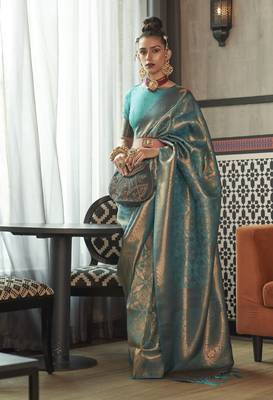 KORAMS DESIGN KANVI SILK ROYALS TEAL ZARI WOVEN DESIGN CLASSIC SAREE WITH BLOUSE  1