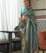 KORAMS DESIGN KANVI SILK ROYALS TEAL ZARI WOVEN DESIGN CLASSIC SAREE WITH BLOUSE 