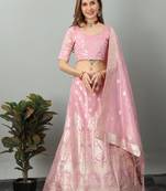 Pink Organza Woven Design Semi-Stitched Lehenga & Unstitched Blouse with Dupatta