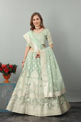 Pista Organza Woven Design Semi-Stitched Lehenga & Unstitched Blouse with Dupatta 1