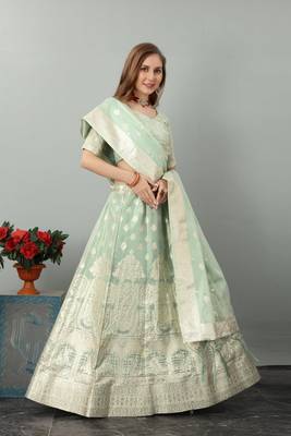 Pista Organza Woven Design Semi-Stitched Lehenga & Unstitched Blouse with Dupatta 3