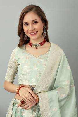 Pista Organza Woven Design Semi-Stitched Lehenga & Unstitched Blouse with Dupatta 4