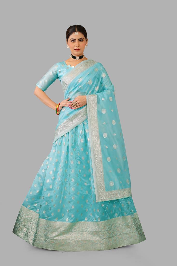 Sky Organza Woven Design Semi-Stitched Lehenga Unstitched Blouse