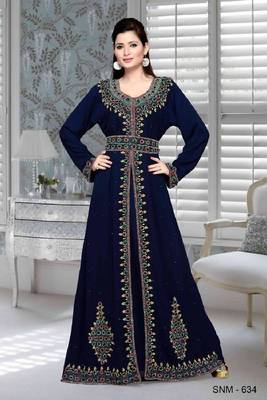 Navy Blue Embroidered Faux Georgette Islamic Kaftan 1