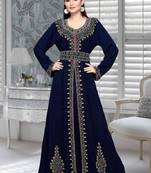 Navy Blue Embroidered Faux Georgette Islamic Kaftan