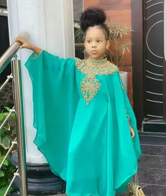 Sea green Handmade Zari Beads Islamic Kids Abaya Kaftan Dress 1