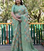 Green Woven Organza Saree With Blouse
