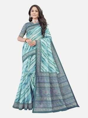 Exclisive Laheri Printed Chanderi Silk Firozi Saree With Blouse Piece 1