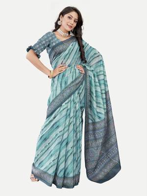 Exclisive Laheri Printed Chanderi Silk Firozi Saree With Blouse Piece 2