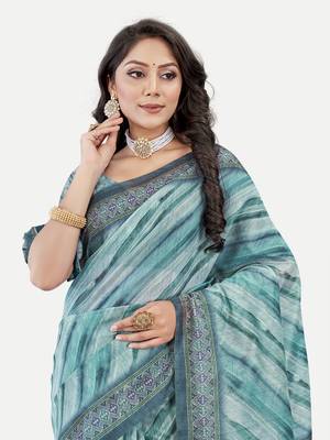 Exclisive Laheri Printed Chanderi Silk Firozi Saree With Blouse Piece 4