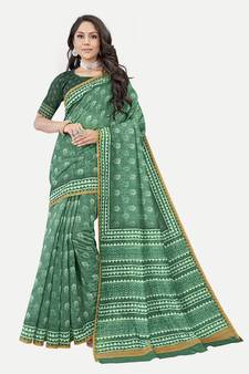 Floral Printed Excusive Chanderi Silk Pista Saree With Blouse Piece