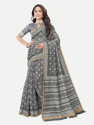 Floral Printed Excusive Chanderi Silk Grey Saree With Blouse Piece 1