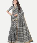 Floral Printed Excusive Chanderi Silk Grey Saree With Blouse Piece