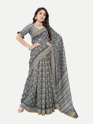 Floral Printed Excusive Chanderi Silk Grey Saree With Blouse Piece 2