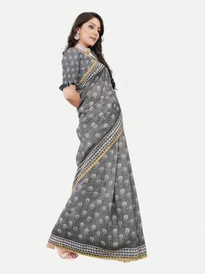 Floral Printed Excusive Chanderi Silk Grey Saree With Blouse Piece 3