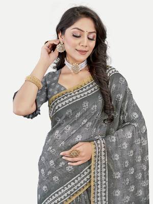 Floral Printed Excusive Chanderi Silk Grey Saree With Blouse Piece 4