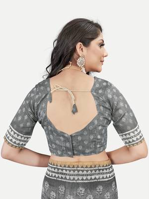 Floral Printed Excusive Chanderi Silk Grey Saree With Blouse Piece 5