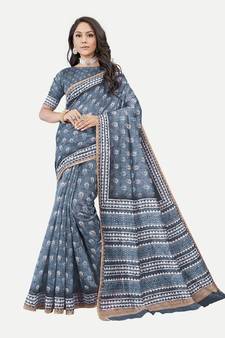 Floral Printed Excusive Chanderi Silk Aqua Saree With Blouse Piece