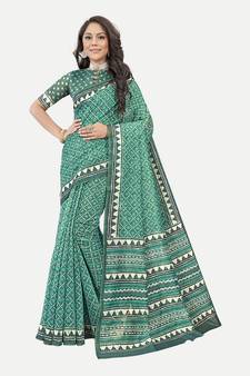 Exclusive Checked Printed Chanderi Silk Aqua Saree With Blouse Piece