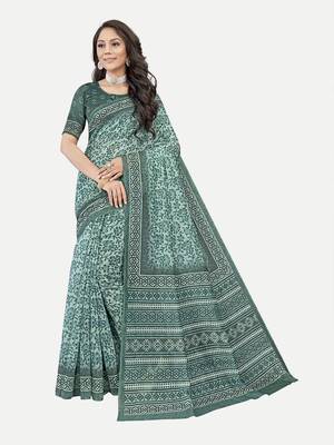 Floral Printed Excusive Chanderi Silk Aqua Saree With Blouse Piece 1