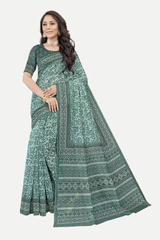 Floral Printed Excusive Chanderi Silk Aqua Saree With Blouse Piece
