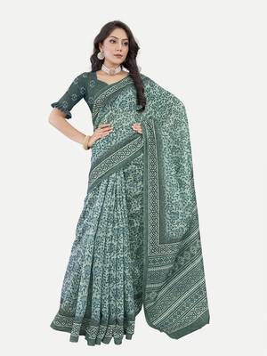 Floral Printed Excusive Chanderi Silk Aqua Saree With Blouse Piece 2