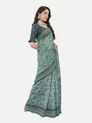 Floral Printed Excusive Chanderi Silk Aqua Saree With Blouse Piece 3