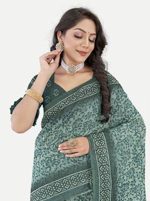 Floral Printed Excusive Chanderi Silk Aqua Saree With Blouse Piece 4