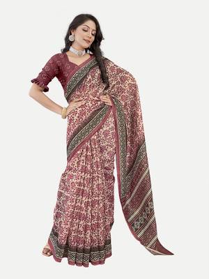 Floral Printed Excusive Chanderi Silk Maroon Saree With Blouse Piece 1