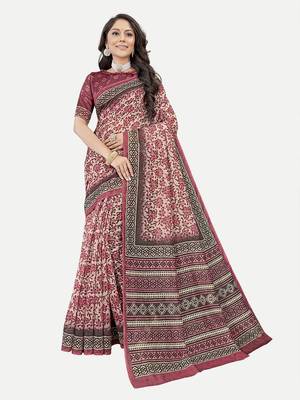 Floral Printed Excusive Chanderi Silk Maroon Saree With Blouse Piece 2