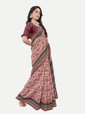 Floral Printed Excusive Chanderi Silk Maroon Saree With Blouse Piece 3