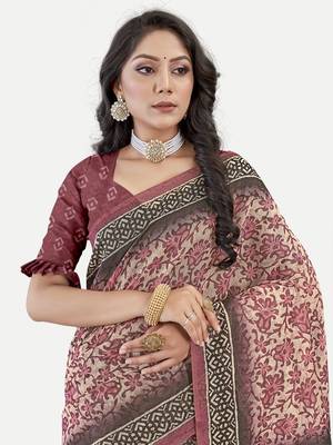 Floral Printed Excusive Chanderi Silk Maroon Saree With Blouse Piece 4