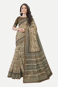 Floral Printed Excusive Chanderi Silk Coffee Saree With Blouse Piece