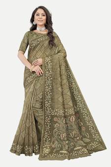 Exclusive Peacock Printed Mehndi Chanderi Silk Blend Saree With Blouse Piece