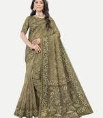 Exclusive Peacock Printed Mehndi Chanderi Silk Blend Saree With Blouse Piece