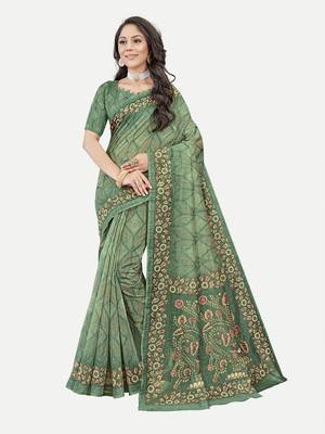 Exclusive Peacock Printed Green Chanderi Silk Blend Saree With Blouse Piece 1